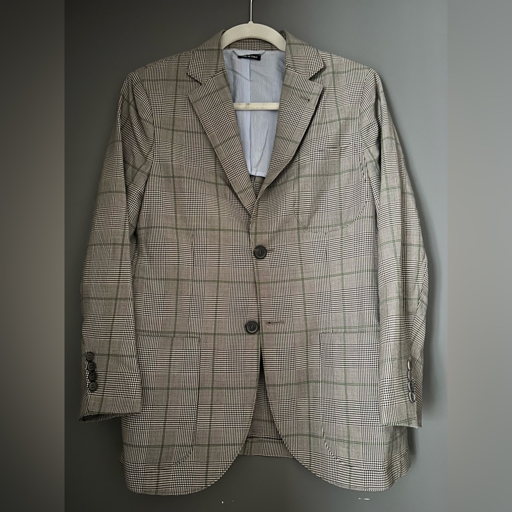 Men's Plaid Two-Button Blazer - Gray with Green Windowpane